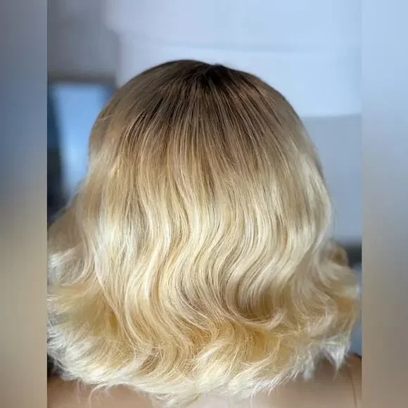 Blonde Ombre Wig Dark Roots Wavy - Picture 2 of 9